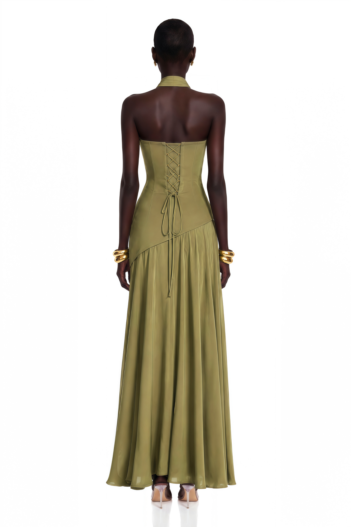 Romane Green Strapless Corset Chiffon Maxi Dress