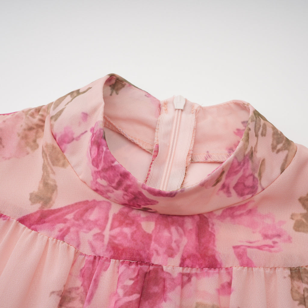 Rosalind Pink Mock Neck Puff Sleeve Floral Maxi Dress