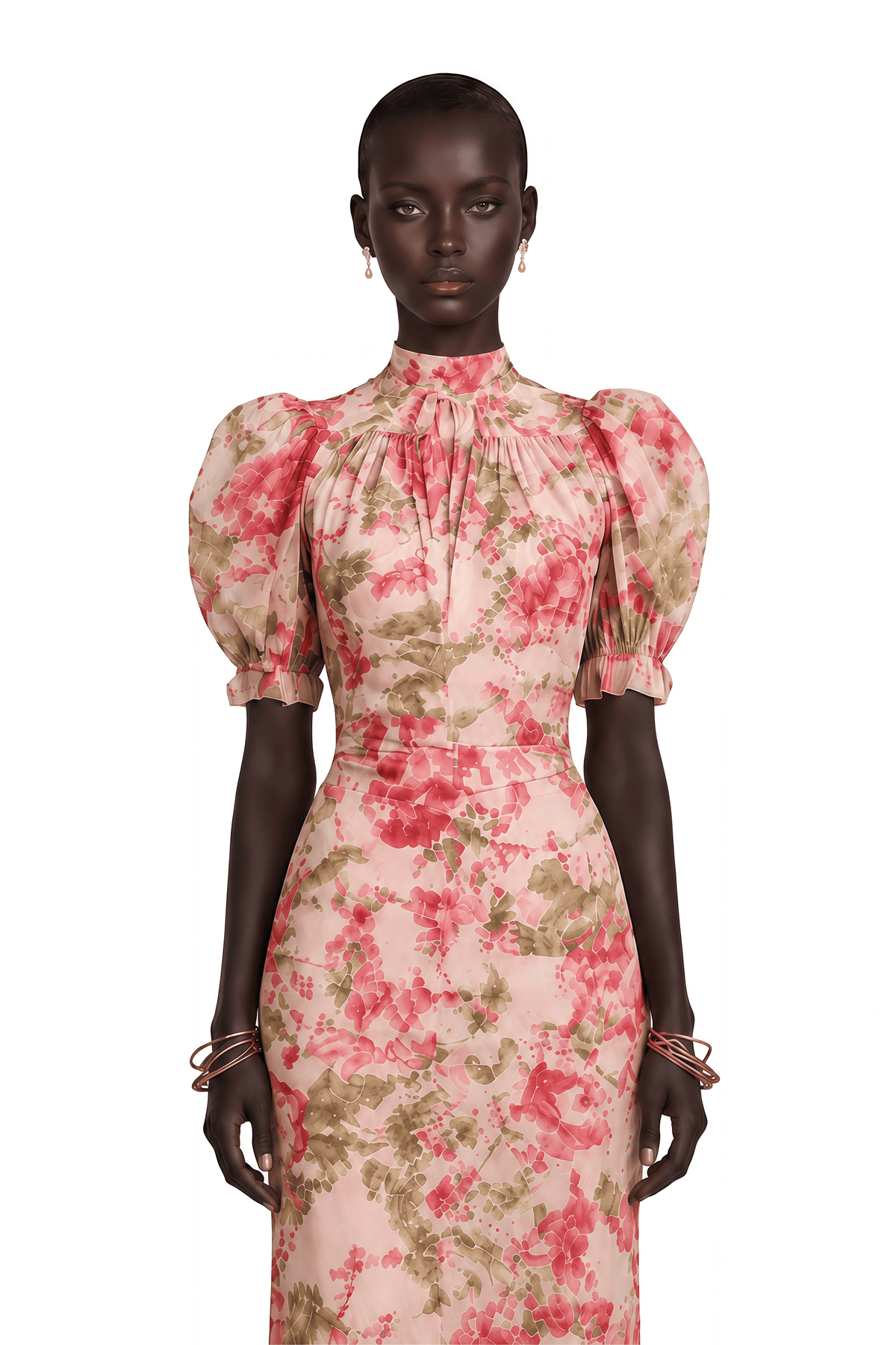 Rosalind Pink Mock Neck Puff Sleeve Floral Maxi Dress