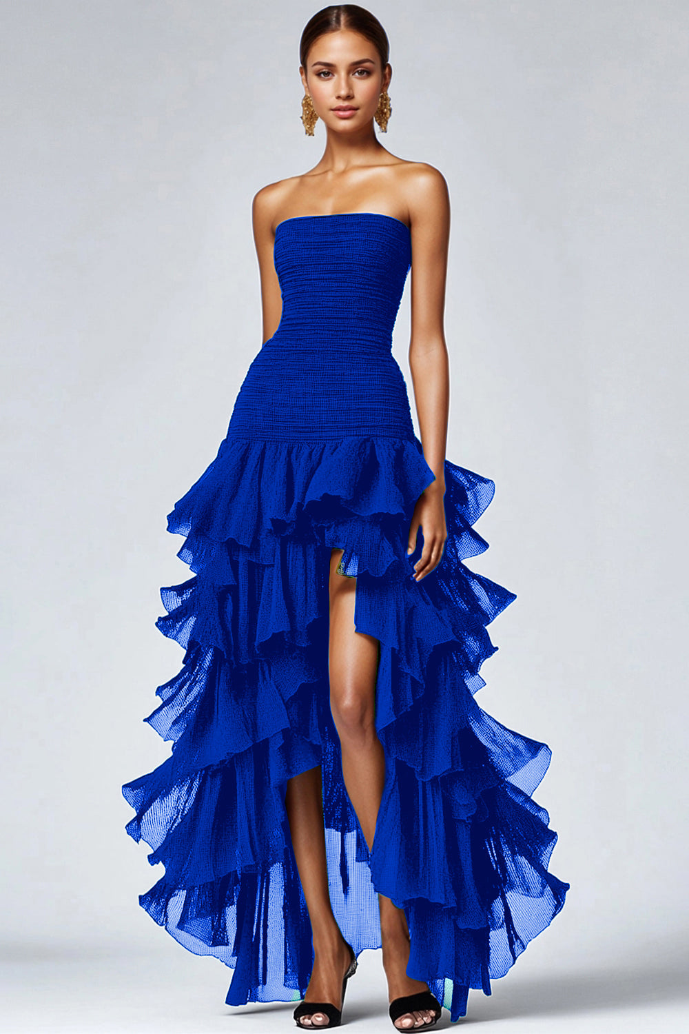 A Line Black Strapless Tiered Formal Dress with Slit