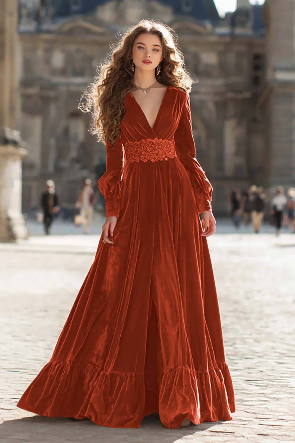 Brown Velvet A Line V-Neck Long Sleeves Formal Dress with Ruffles