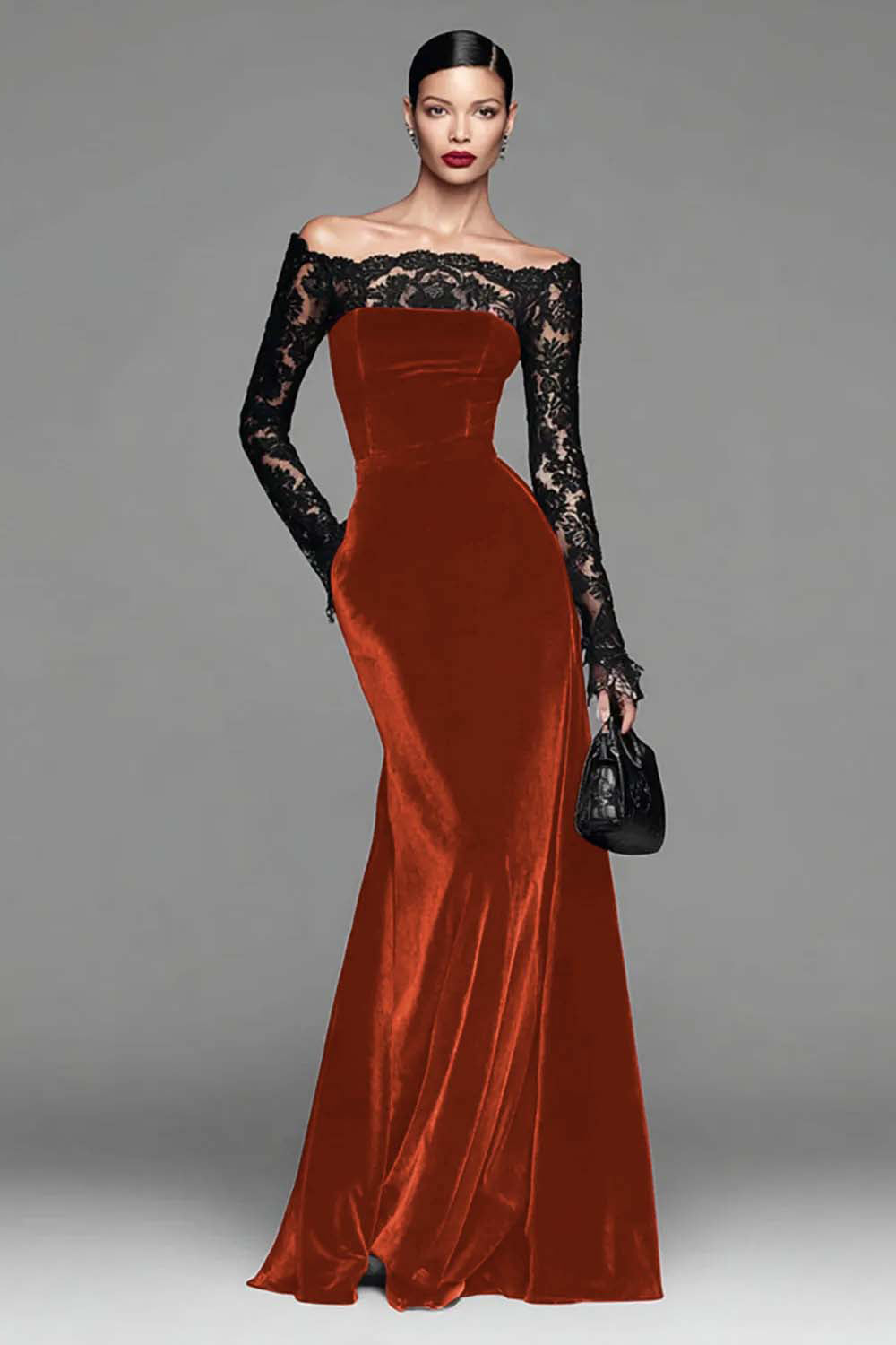 Burgundy Velvet Lace Off the Shoulder Mermaid Long Sleeves Formal Dress