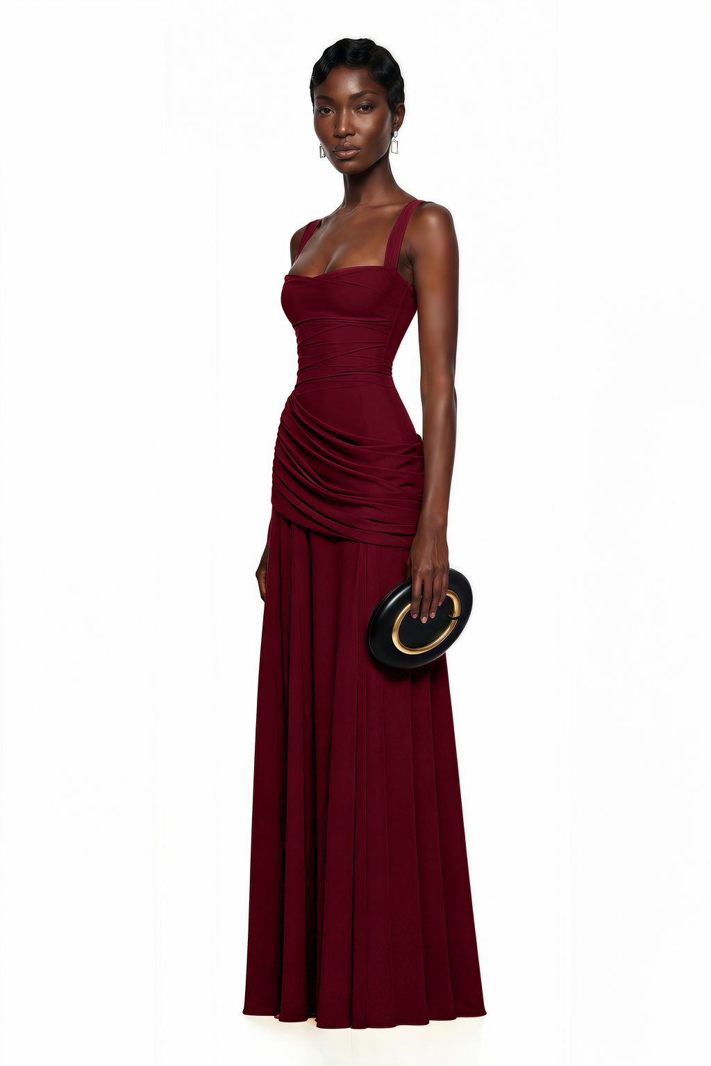 Sanne Red Square Neck Ruched Maxi Dress