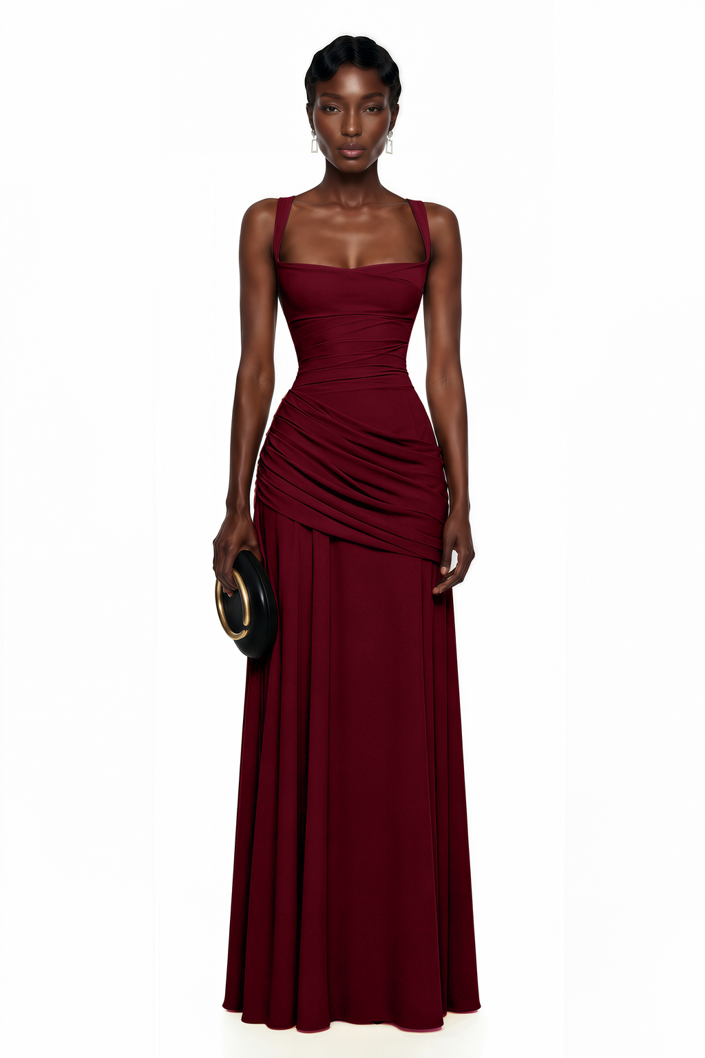 Sanne Red Square Neck Ruched Maxi Dress