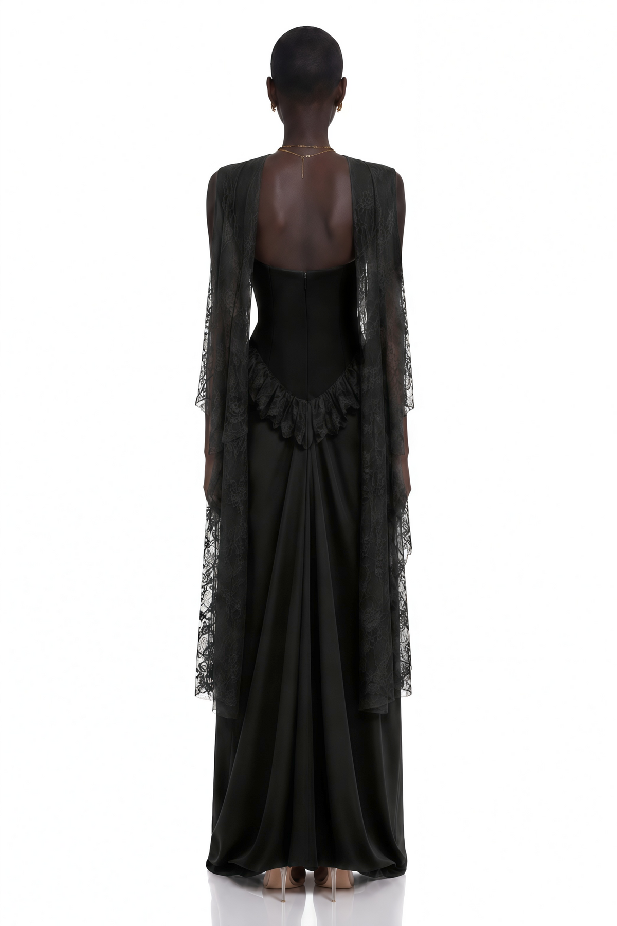 Seraphina Black Floral Lace Maxi Dress with Cape