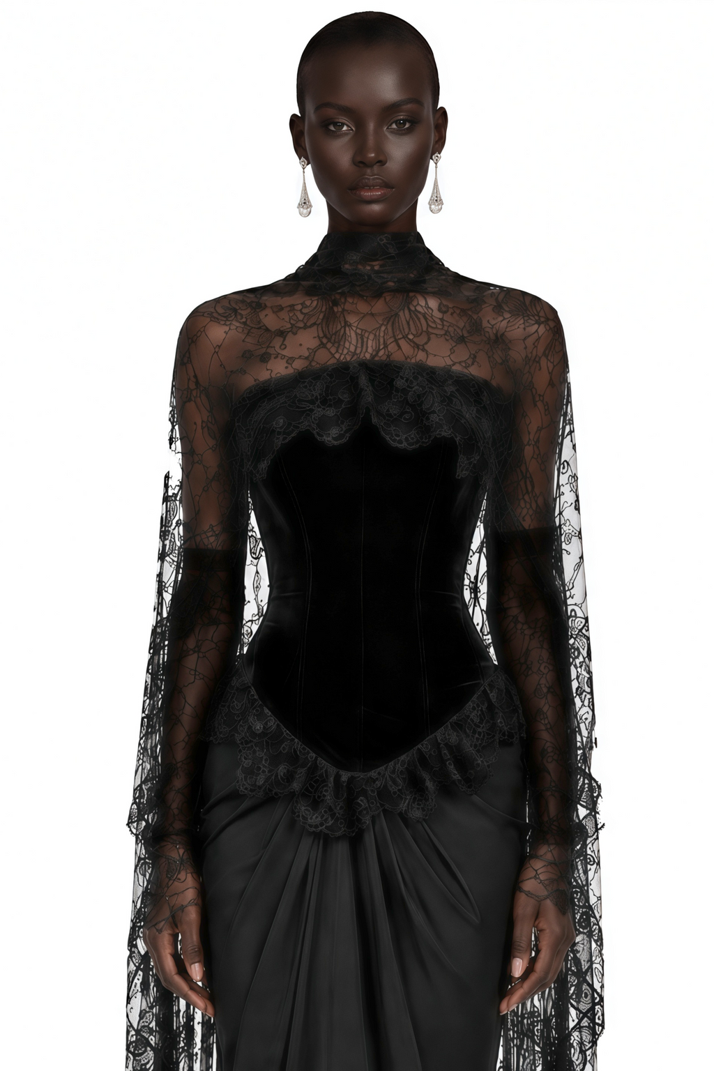 Seraphina Black Floral Lace Maxi Dress with Cape