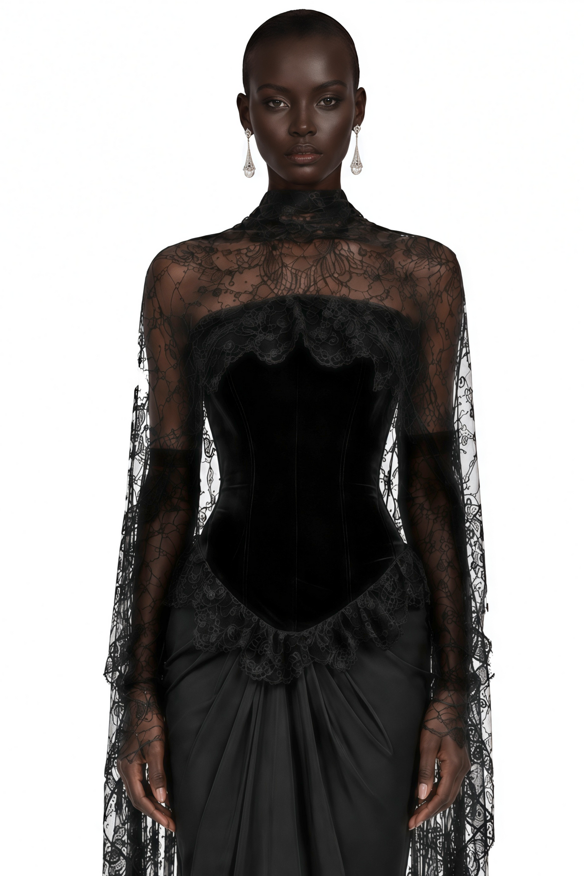 Seraphina Black Floral Lace Maxi Dress with Cape