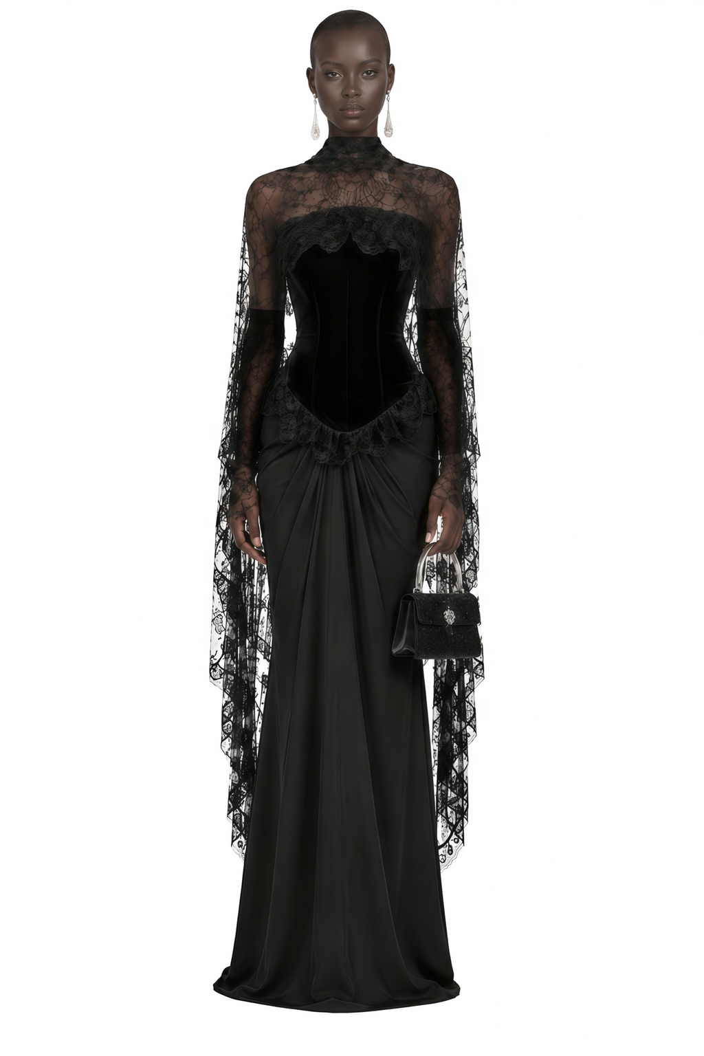 Seraphina Black Floral Lace Maxi Dress with Cape