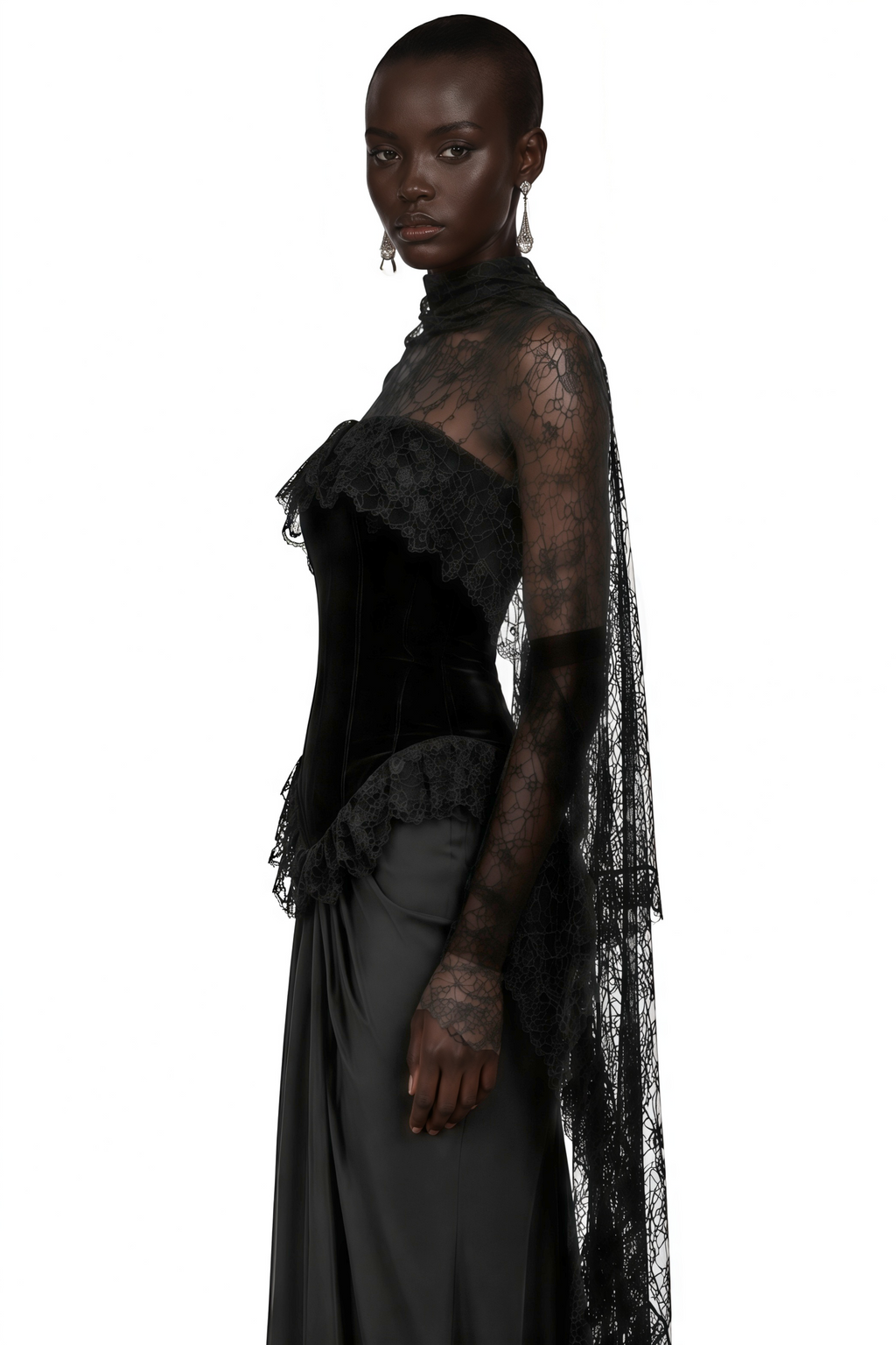 Seraphina Black Floral Lace Maxi Dress with Cape