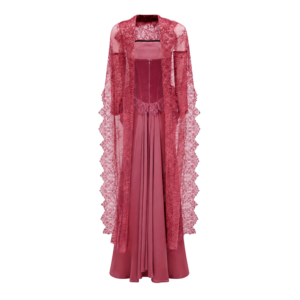 Seraphina Pink Floral Lace Maxi Dress with Cape