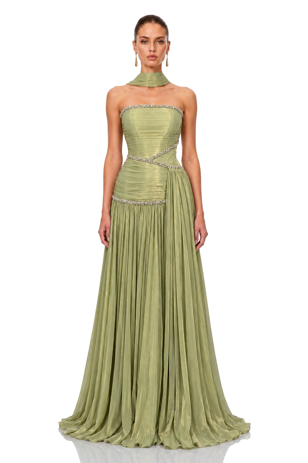 Siobhan Green Crystal-Embellished Ruched Maxi Gown with Scarf
