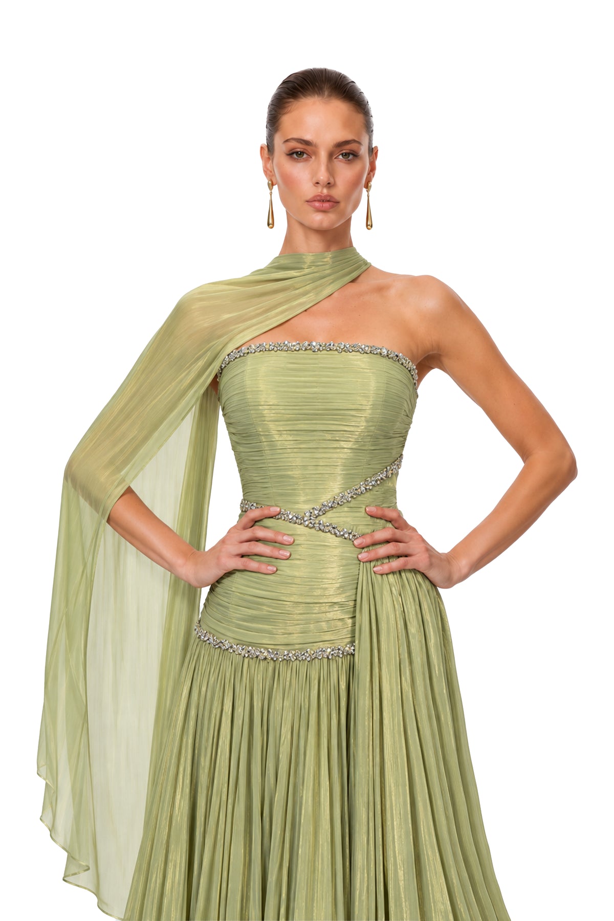 Siobhan Green Crystal-Embellished Ruched Maxi Gown with Scarf