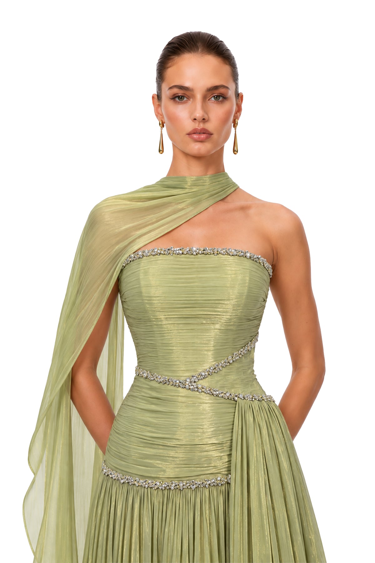 Siobhan Green Crystal-Embellished Ruched Maxi Gown with Scarf