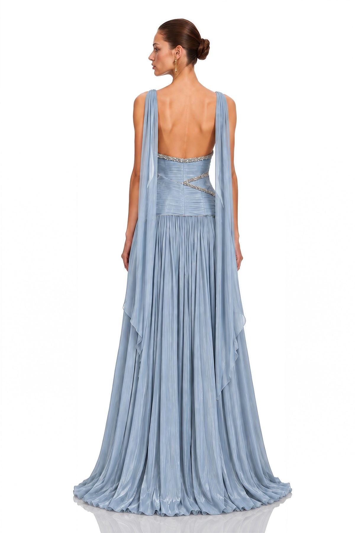 Siobhan Ice Blue Crystal-Embellished Ruched Maxi Gown with Scarf