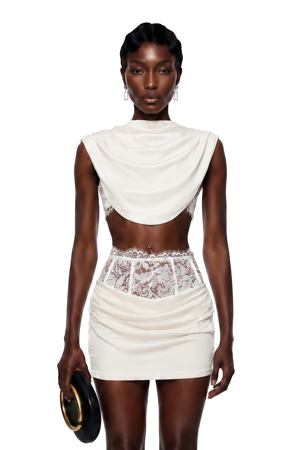 Siosi White Ruched Top & Skirt Set with Lace Trim