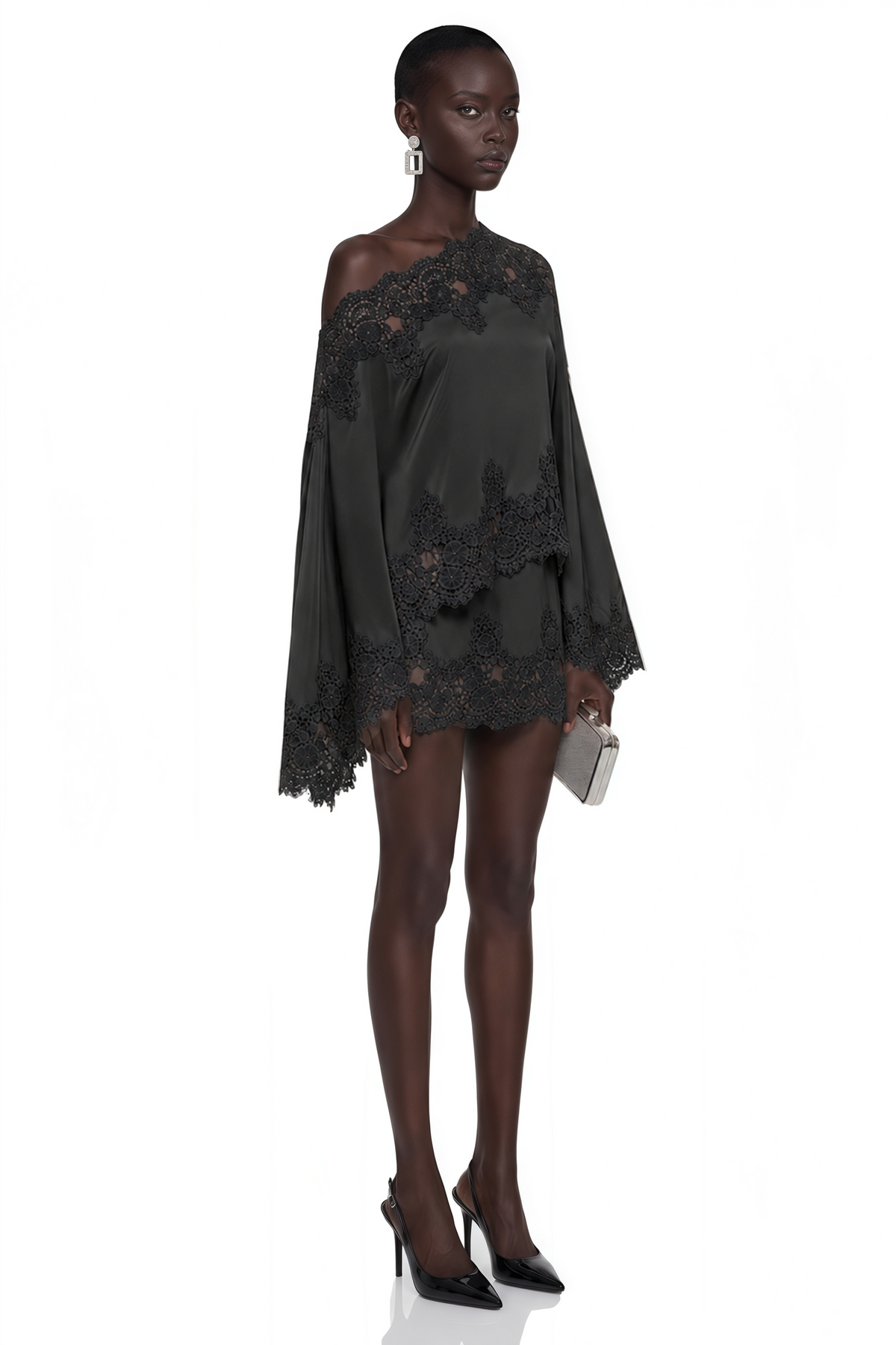 Sophia Black One Shoulder Top & Skirt Set with Black Lace Trim