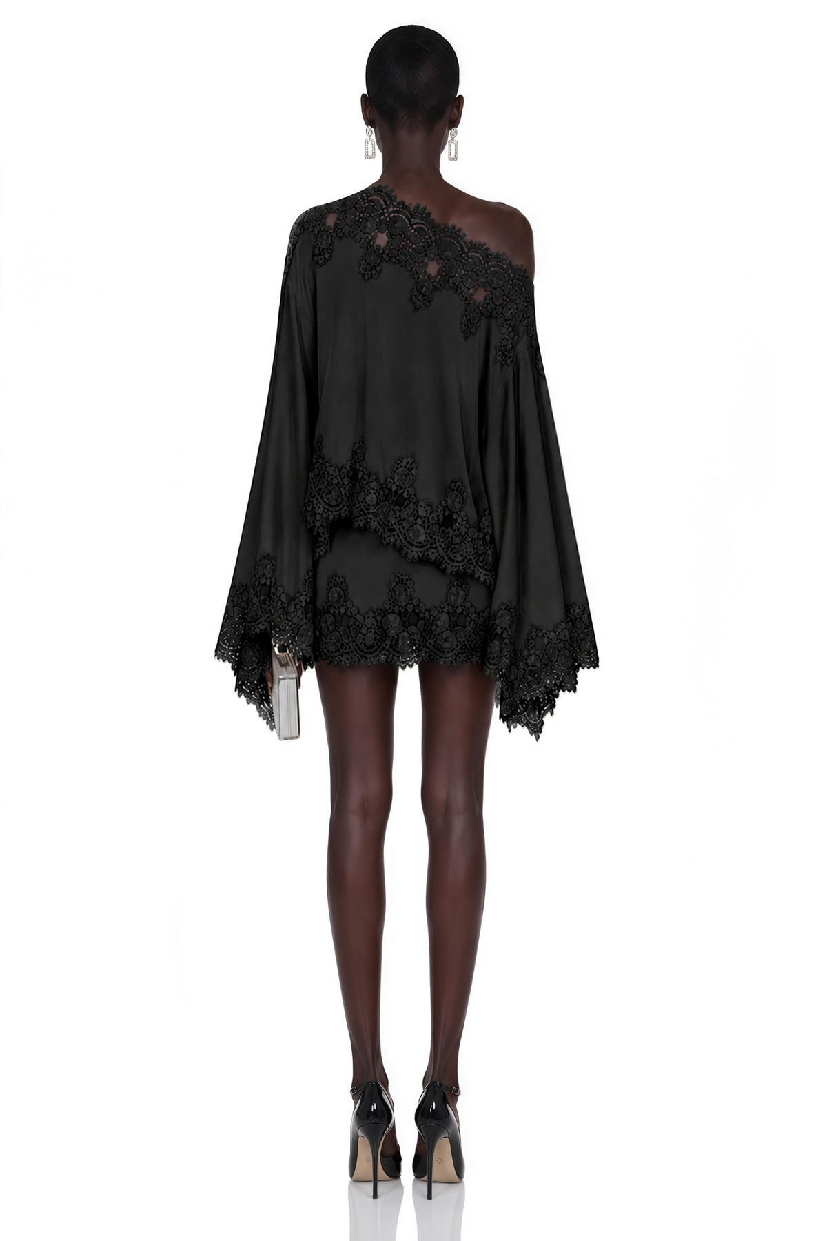 Sophia Black One Shoulder Top & Skirt Set with Black Lace Trim