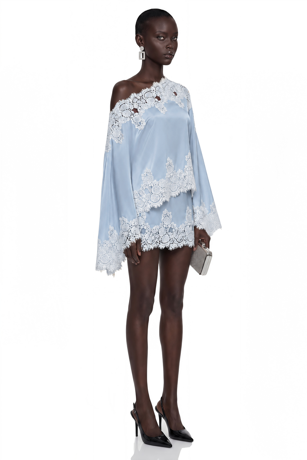 Sophia Blue One Shoulder Top & Skirt Set with Lace Trim