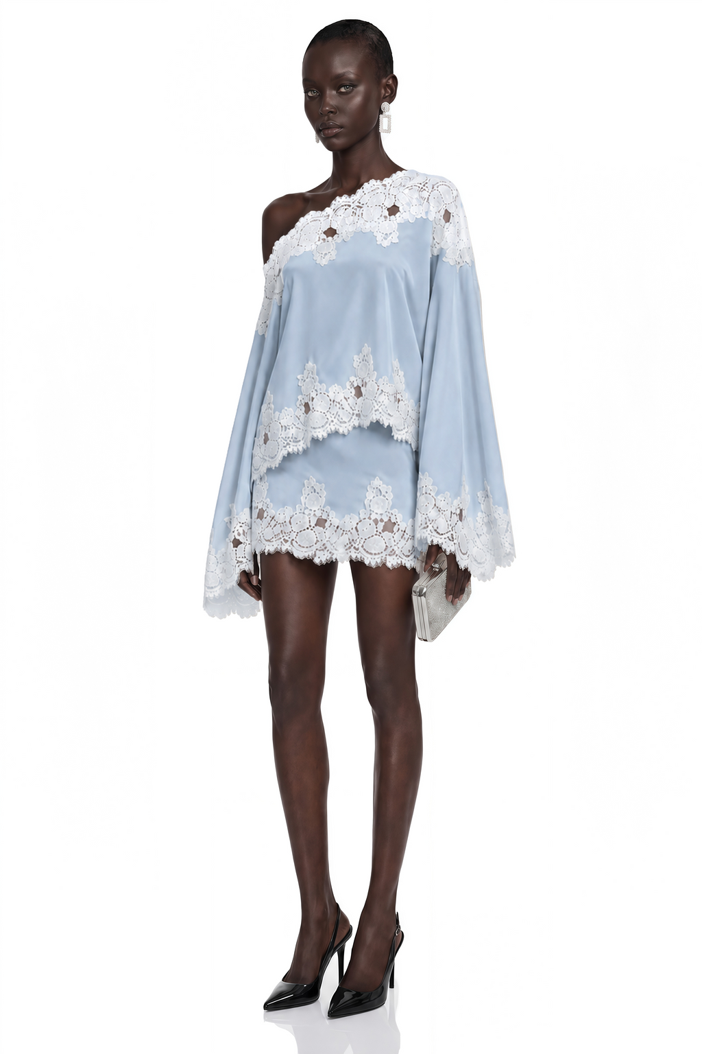 Sophia Blue One Shoulder Top & Skirt Set with Lace Trim