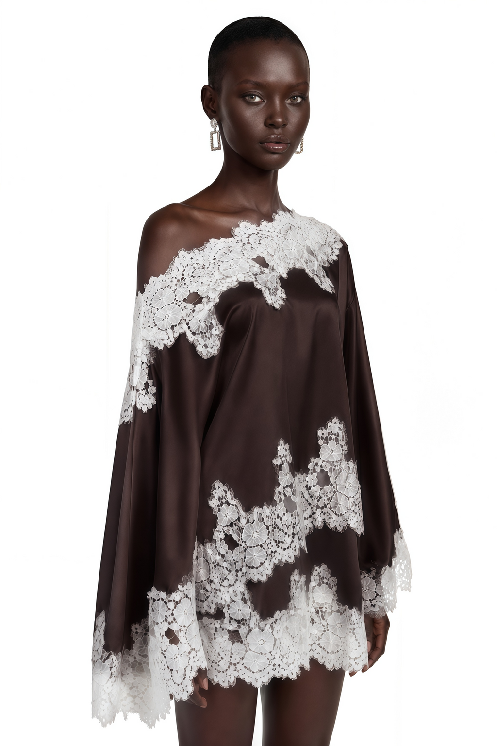 Sophia Brown One Shoulder Top & Skirt Set with Lace Trim