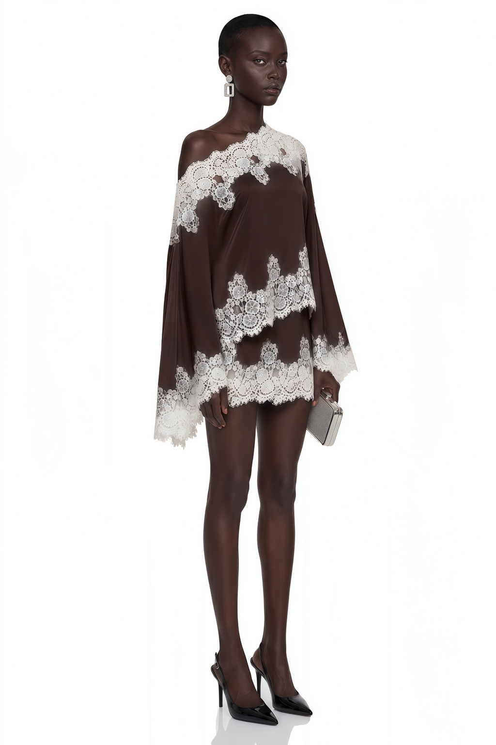Sophia Brown One Shoulder Top & Skirt Set with Lace Trim