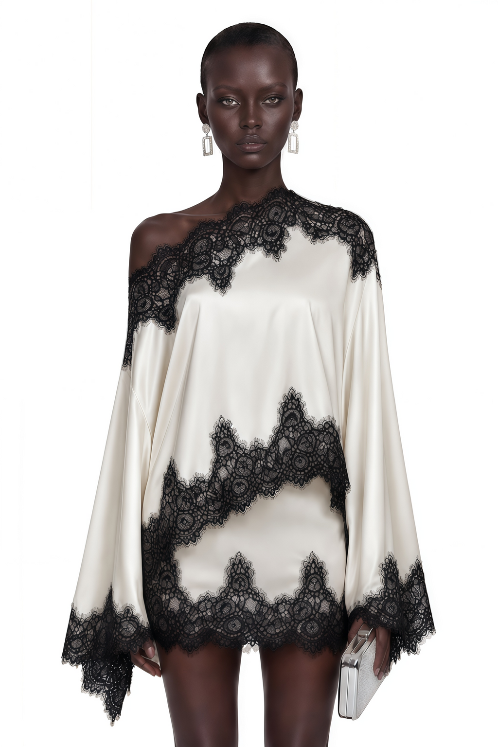Sophia Cream One Shoulder Top & Skirt Set with Lace Trim