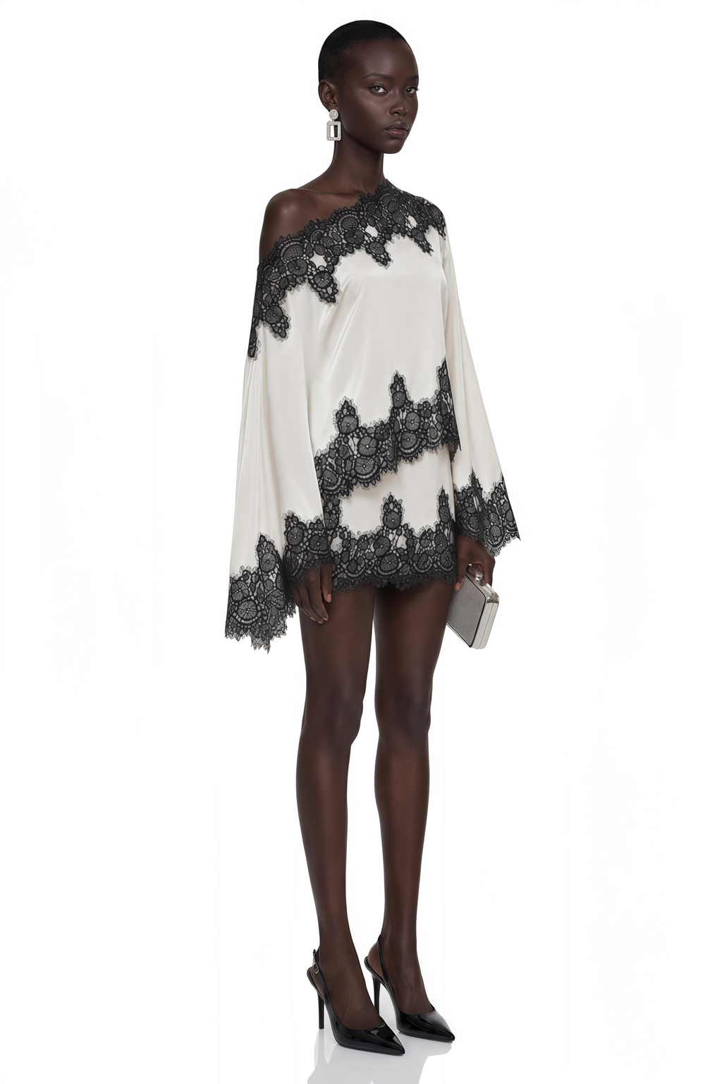 Sophia Cream One Shoulder Top & Skirt Set with Lace Trim