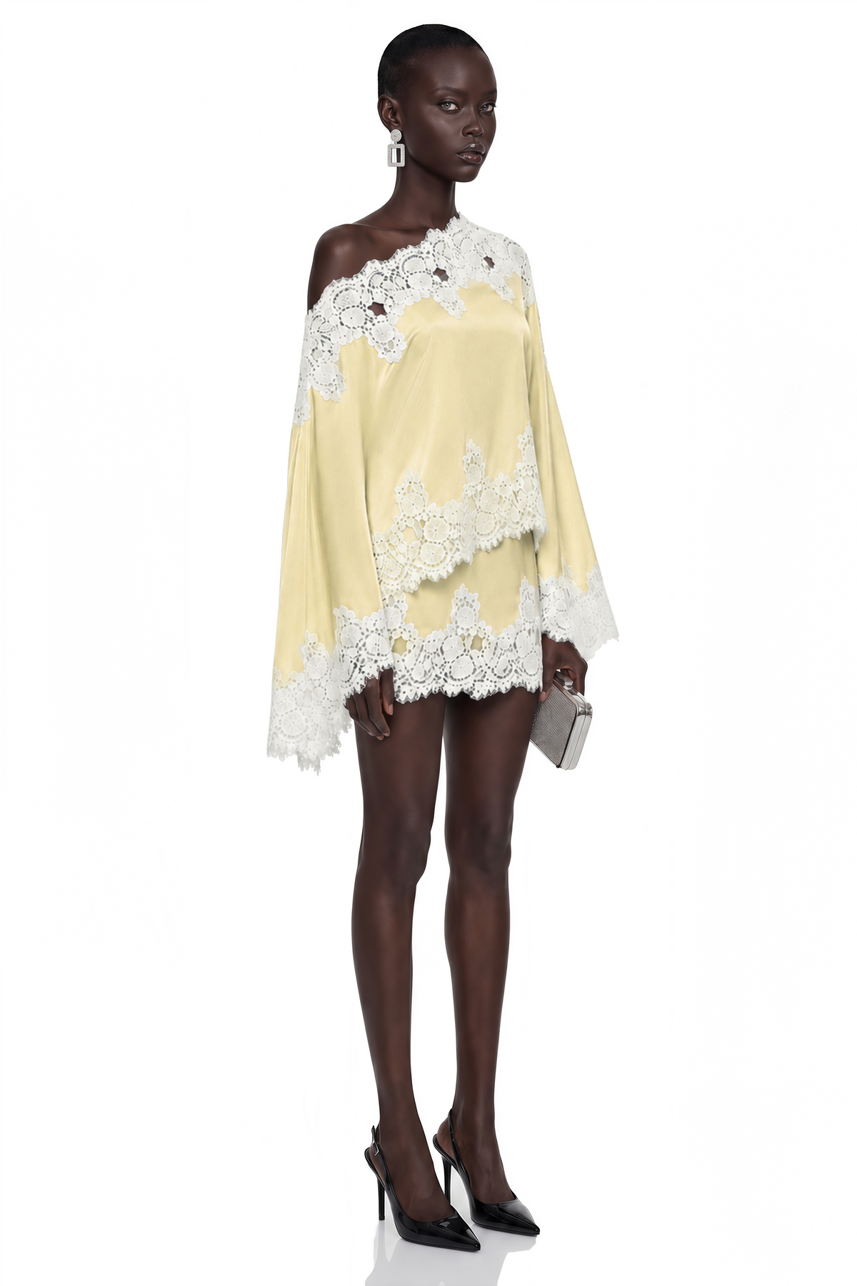 Sophia Yellow One Shoulder Top & Skirt Set with Lace Trim