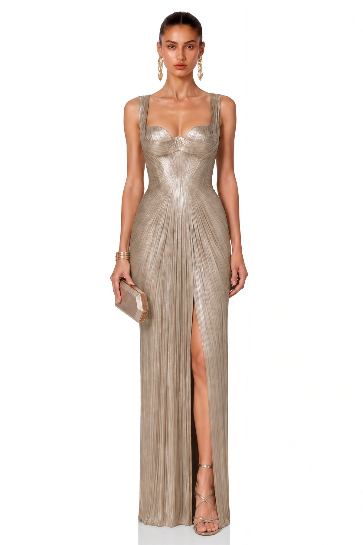 Sutton Champagne Sweetheart Neckline Pleated Maxi Dress
