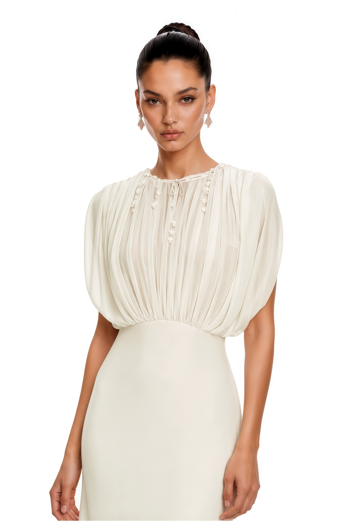 Svetlana Cream Ruched Maxi Dress with Mesh Panels