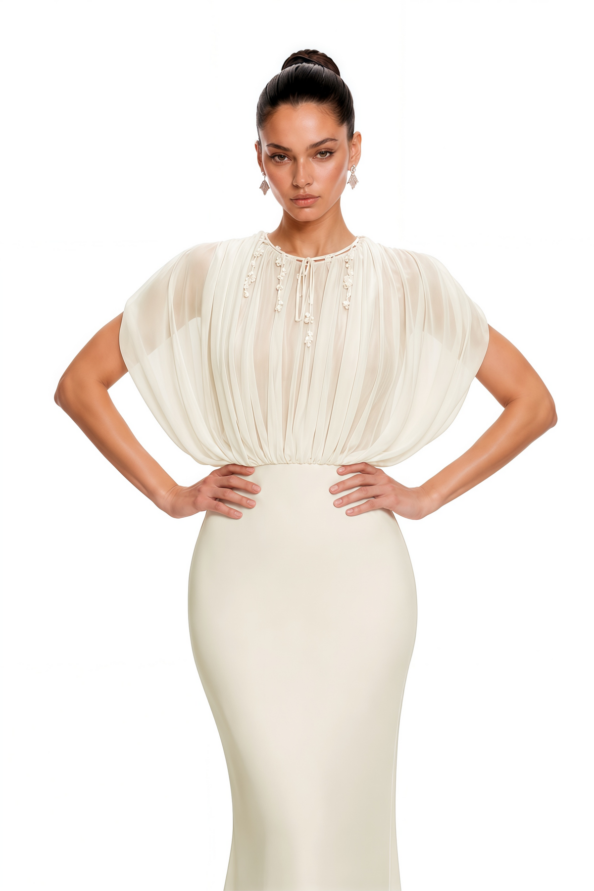 Svetlana Cream Ruched Maxi Dress with Mesh Panels