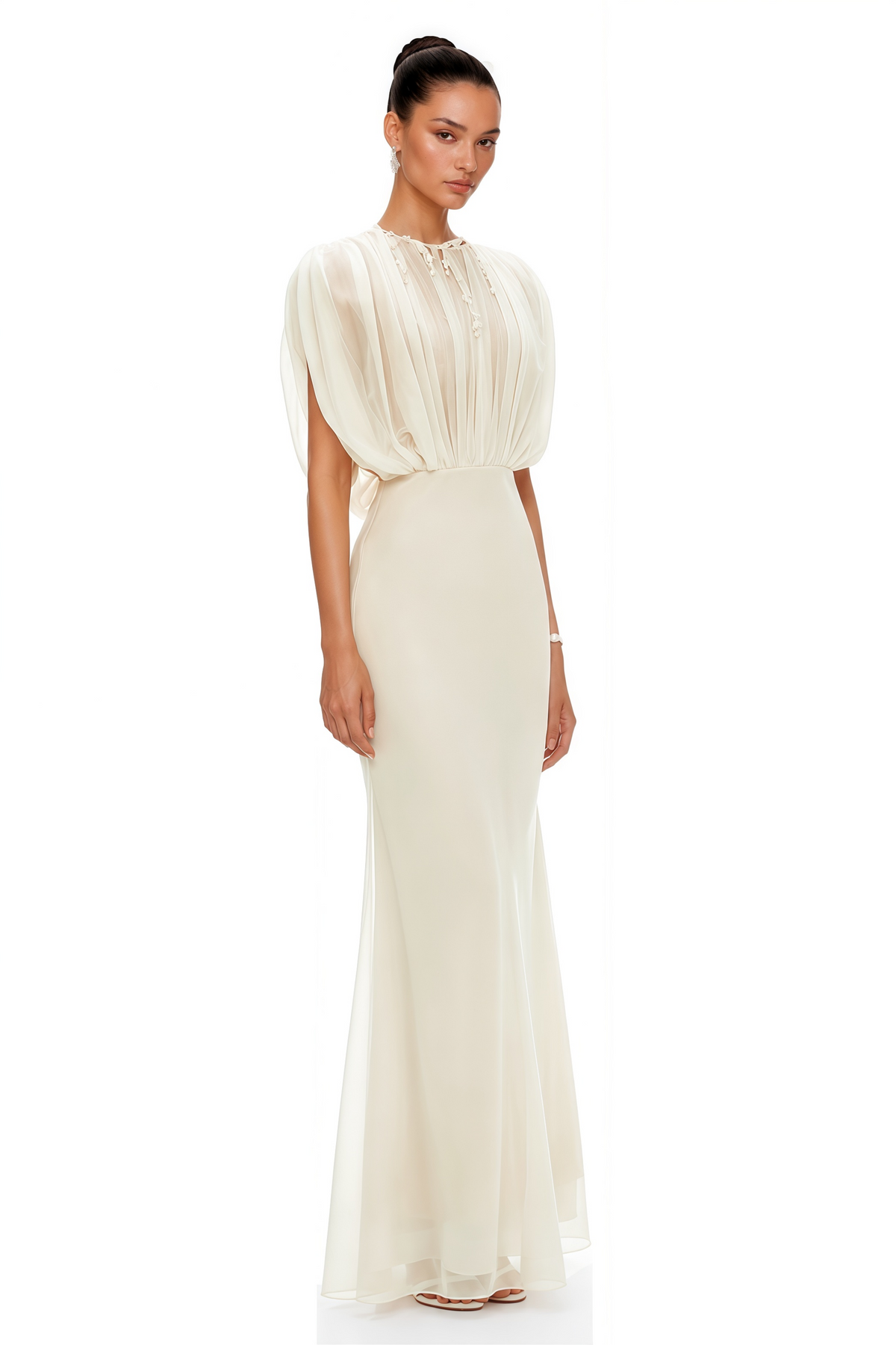 Svetlana Cream Ruched Maxi Dress with Mesh Panels