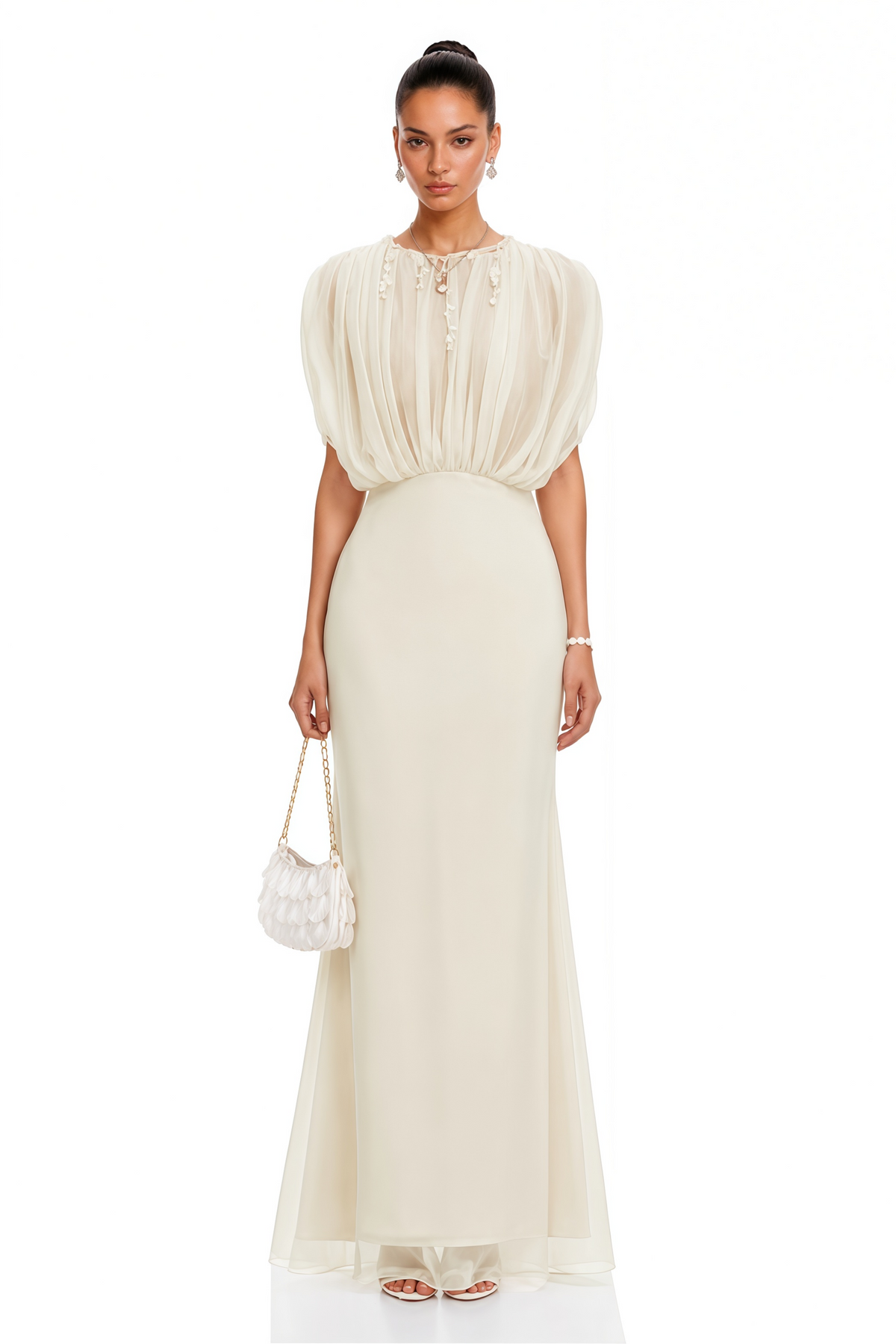 Svetlana Cream Ruched Maxi Dress with Mesh Panels