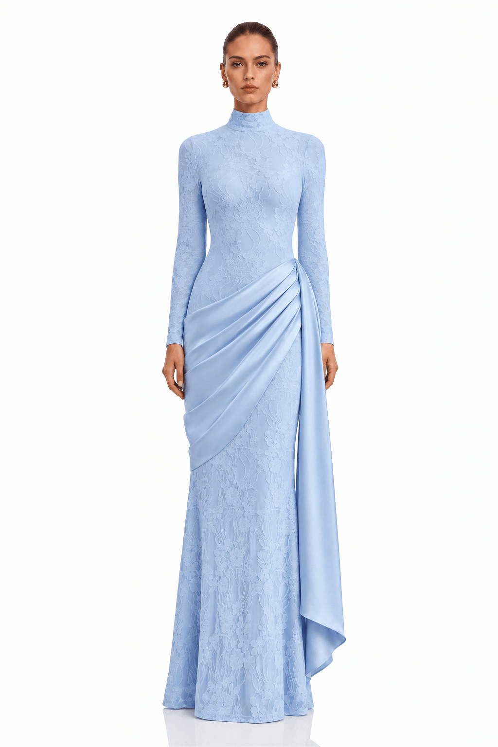 Tabeer Blue High Neck Long Sleeve Ruched Lace Maxi Dress