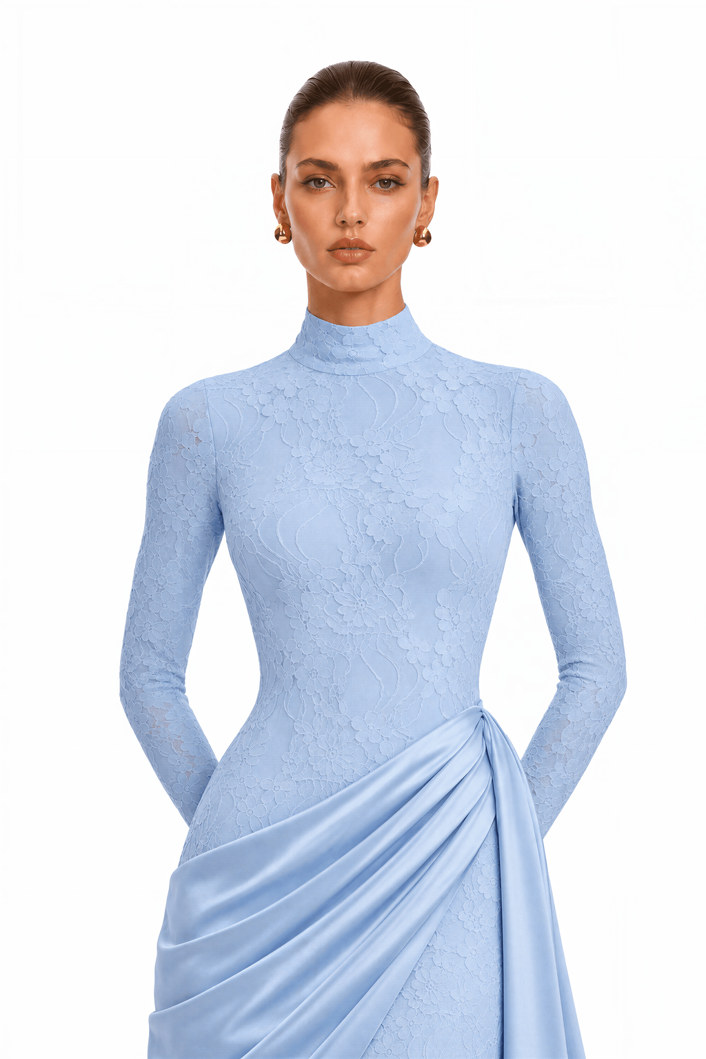 Tabeer Blue High Neck Long Sleeve Ruched Lace Maxi Dress
