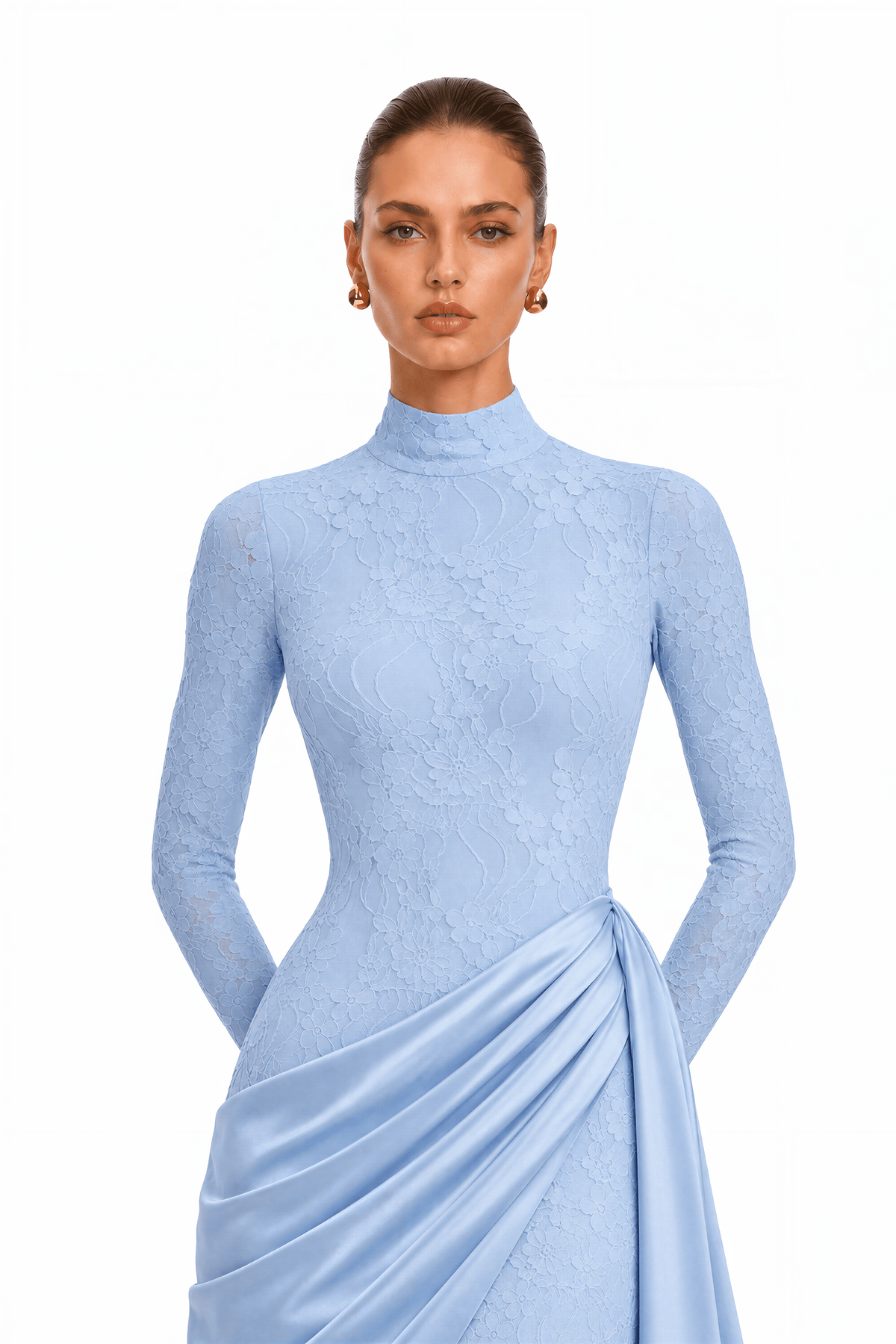 Tabeer Blue High Neck Long Sleeve Ruched Lace Maxi Dress