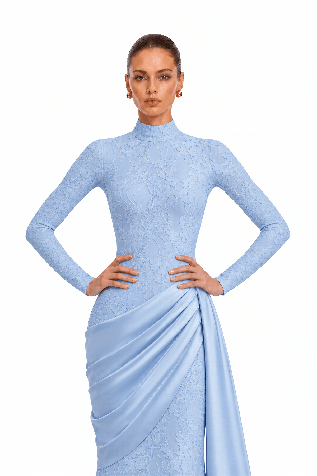 Tabeer Blue High Neck Long Sleeve Ruched Lace Maxi Dress