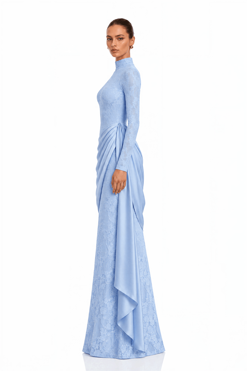 Tabeer Blue High Neck Long Sleeve Ruched Lace Maxi Dress