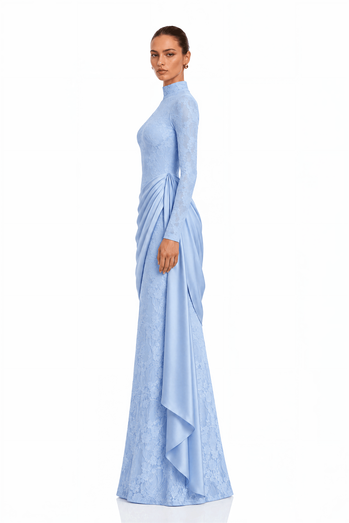 Tabeer Blue High Neck Long Sleeve Ruched Lace Maxi Dress