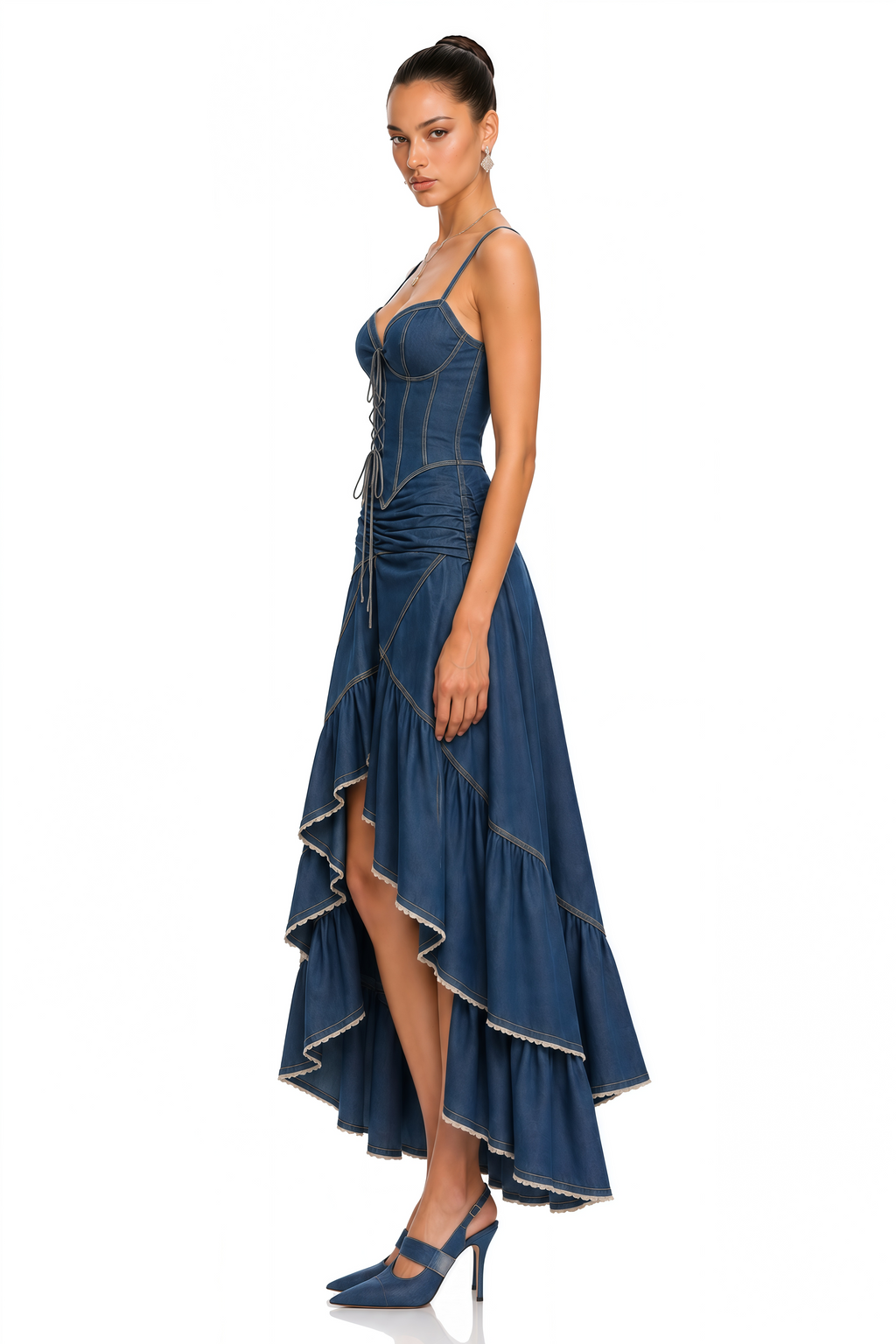 Tuana Blue Corset Ruffled High-Low Denim Maxi Dress