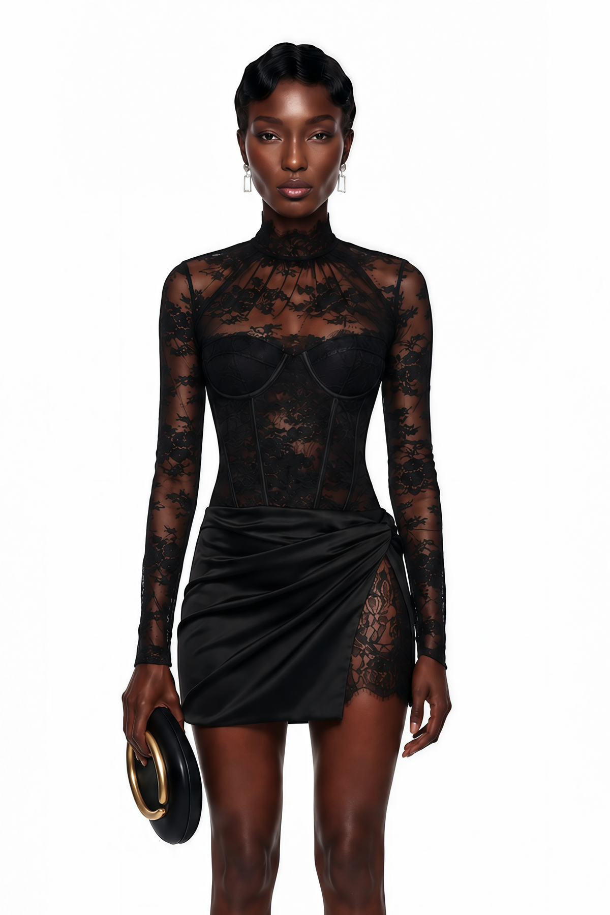 Turid Black Floral Lace Top & Satin Mini Skirt Set