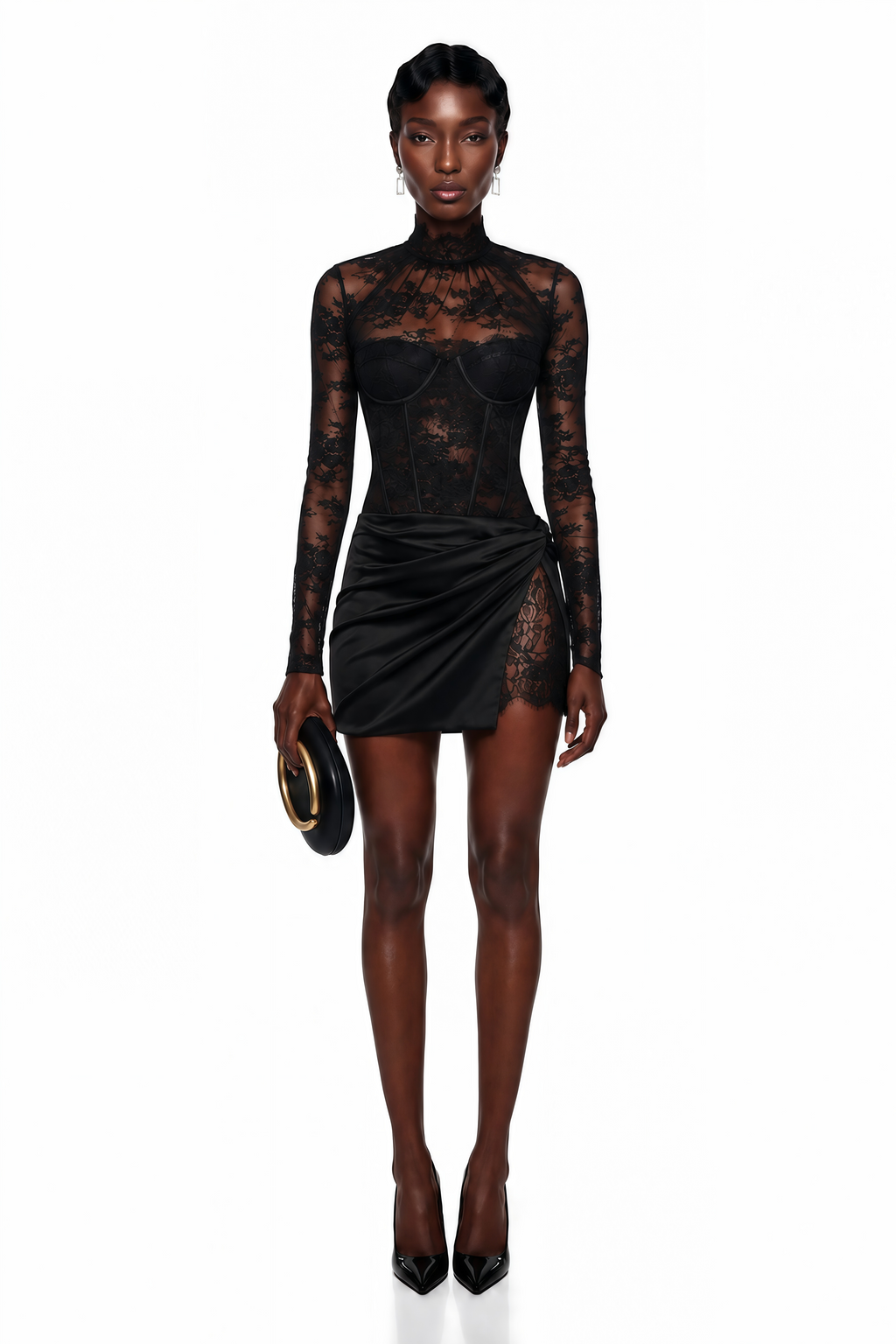 Turid Black Floral Lace Top & Satin Mini Skirt Set