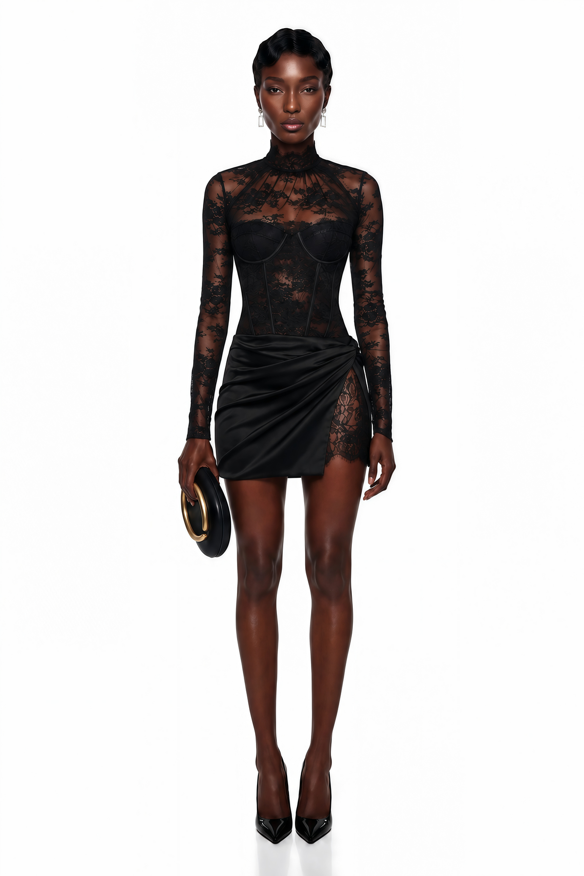 Turid Black Floral Lace Top & Satin Mini Skirt Set