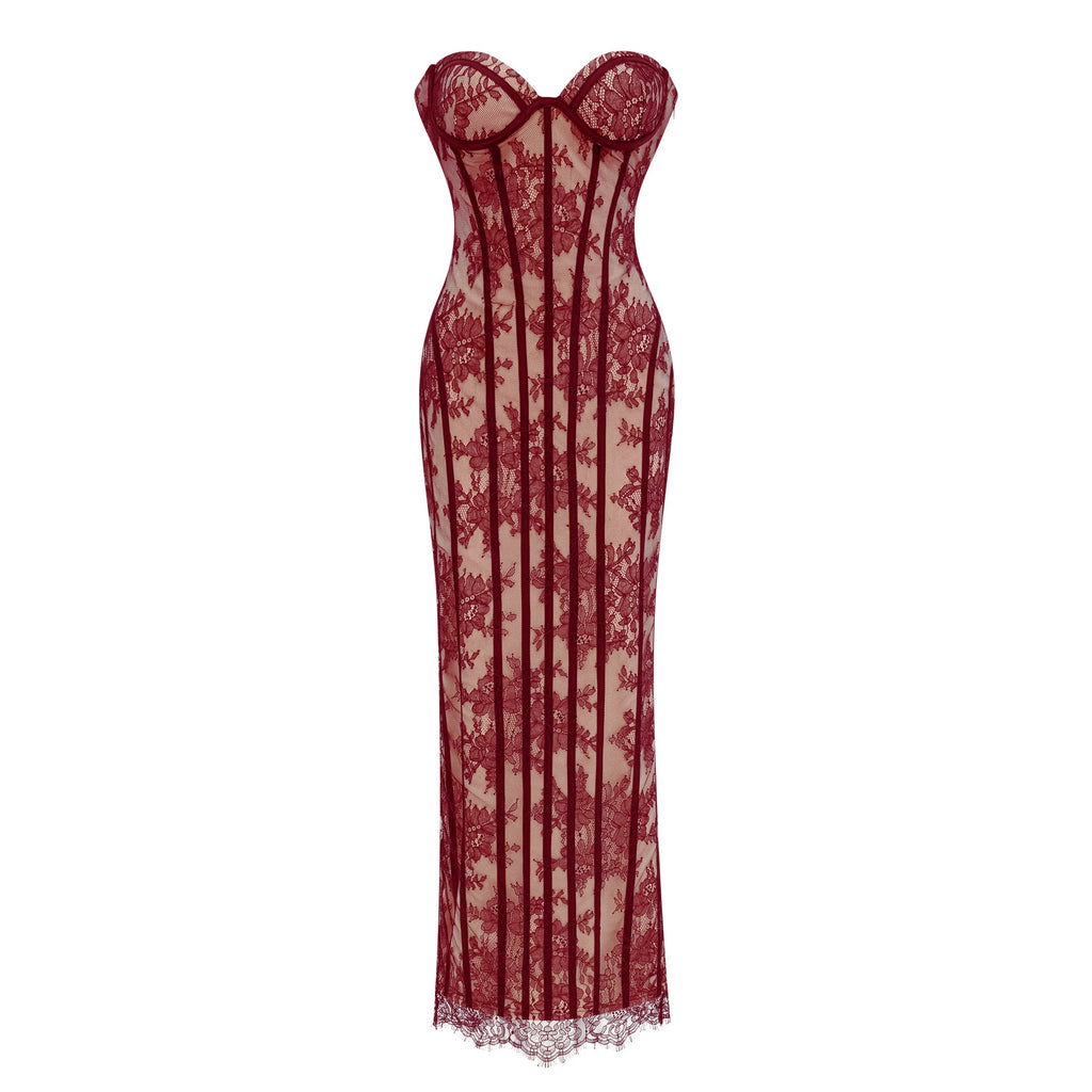 Urszula Red Floral Lace Corset Maxi Dress