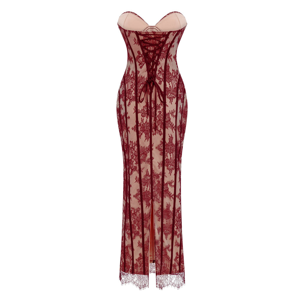 Urszula Red Floral Lace Corset Maxi Dress