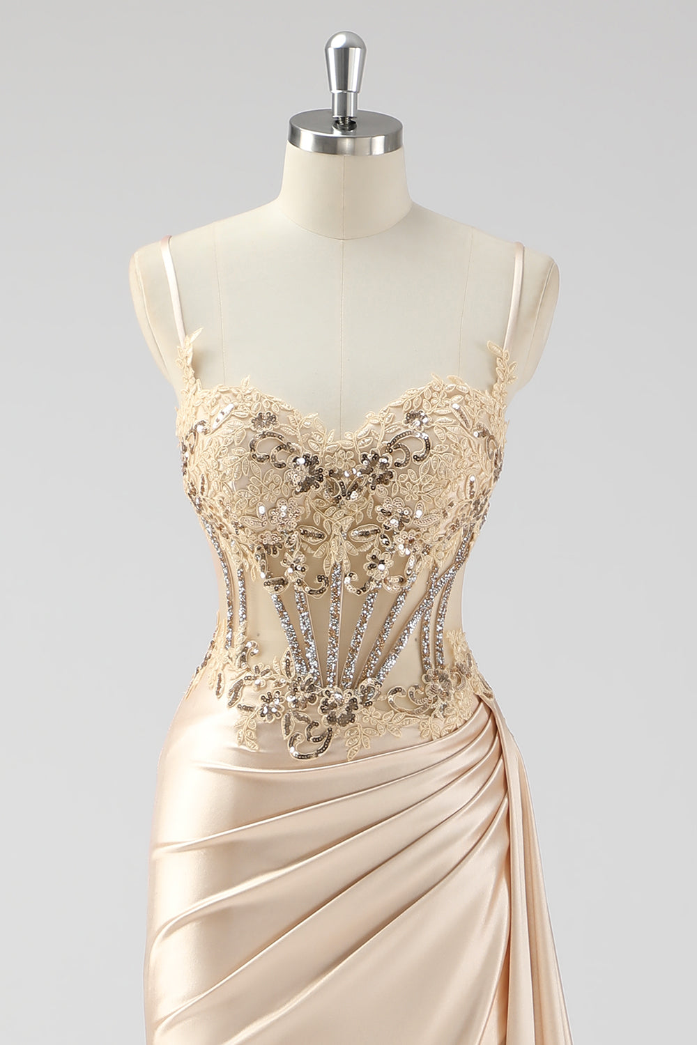 Silver Mermaid Pleated Sheer Long Corset Satin Prom Dress With Slit