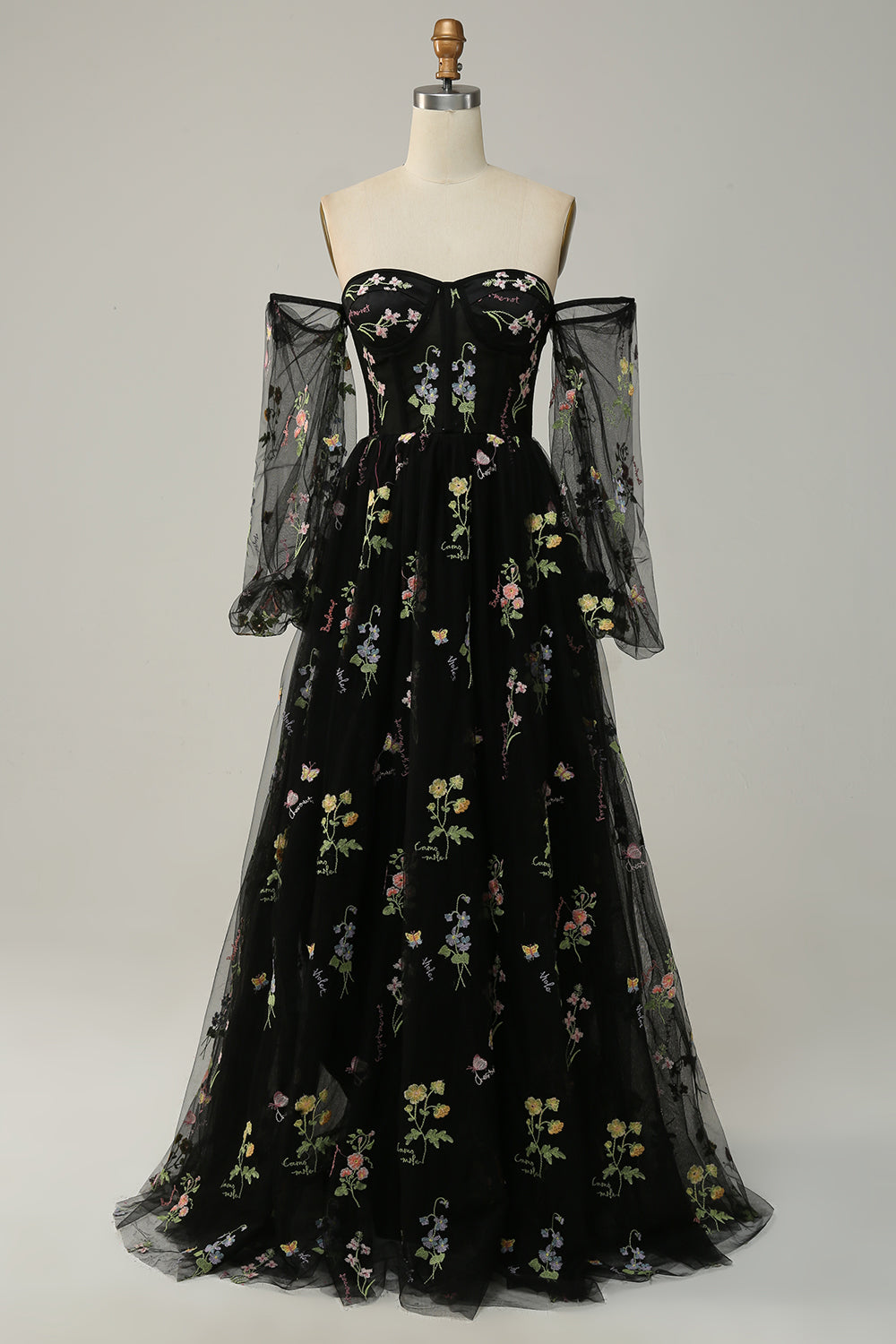 Green Off Shoulder Floral Long Prom Dress