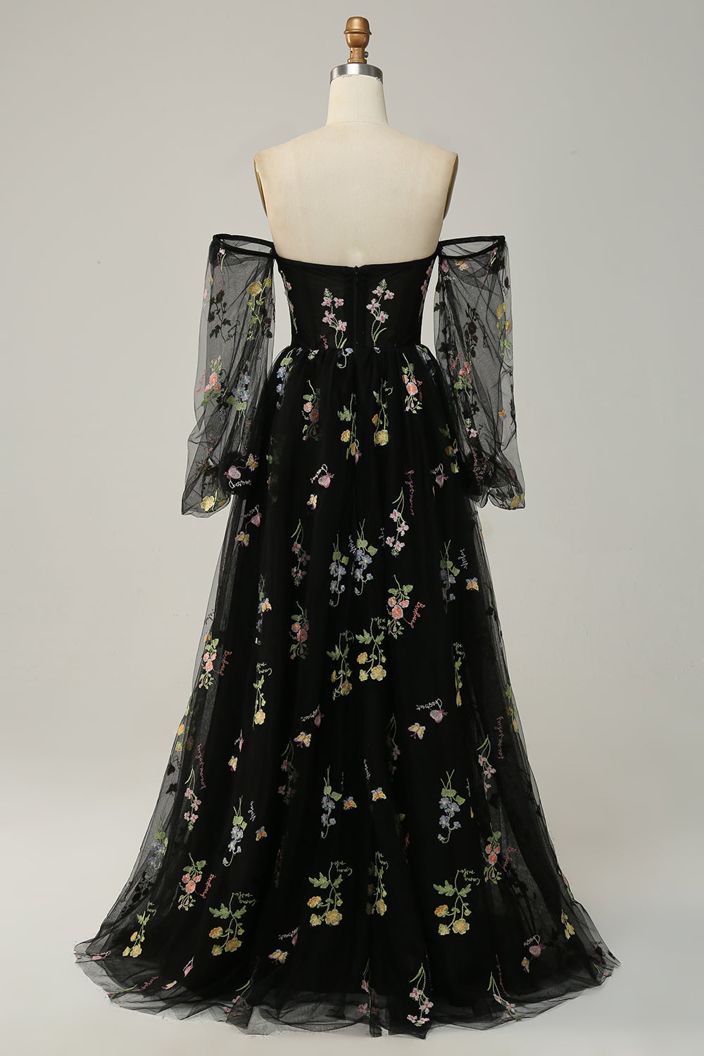 Black Off Shoulder Floral Long Prom Dress