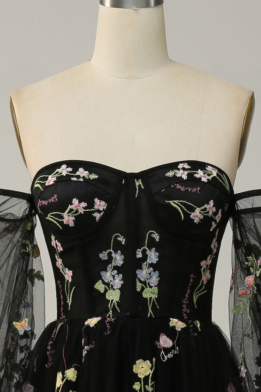 Black Off Shoulder Floral Long Prom Dress