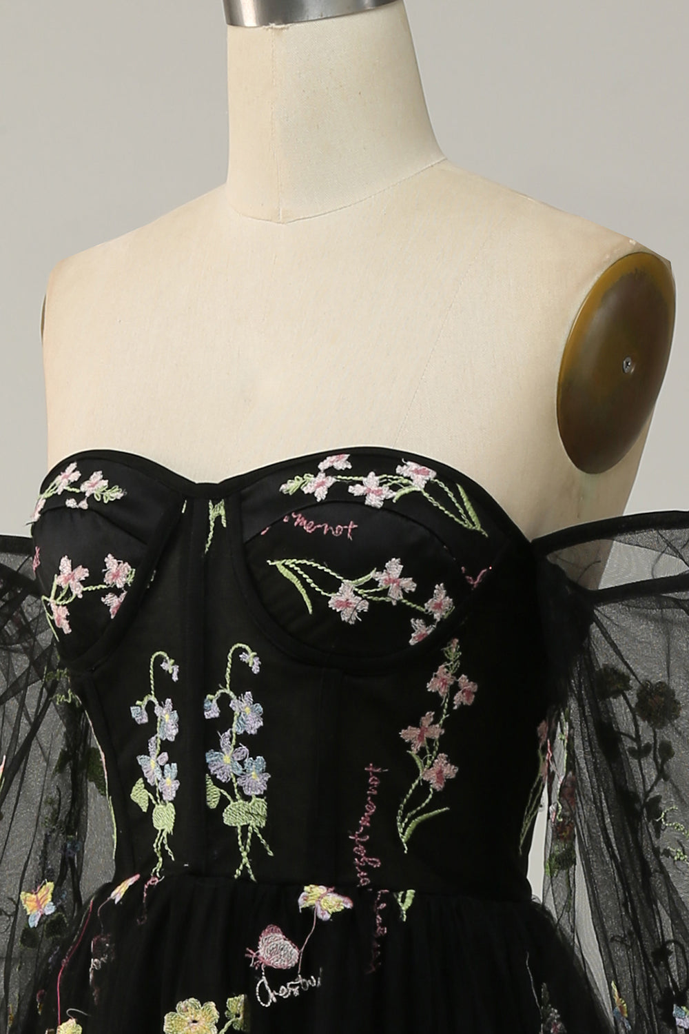 Black Off Shoulder Floral Long Prom Dress